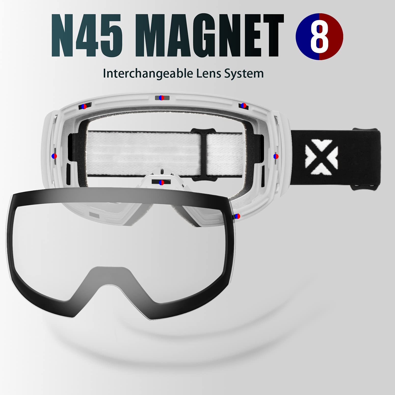MAXJULI OTG - Occhiali da sci unisex con lenti magnetiche intercambiabili, anti-appannamento, HD, protezione UV (montatura bianca/lente trasparente)