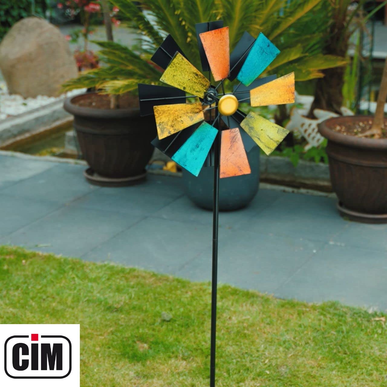 CIM Girandola a vento doppia in metallo con glitter altezza totale 127 cm diametro 37 cm resistente alle intemperie e ai raggi UV decorazione da giardino con asta in 2 parti con ancoraggio a 2 punte