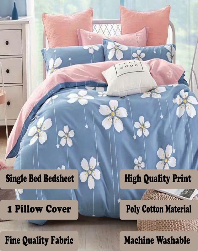 Image of Polycotton Single Bed Bedsheet, Flat Sheet with 1 Pillow Cover, Queen (60x90 inch), 300 TC, Blue & White, Set of 2