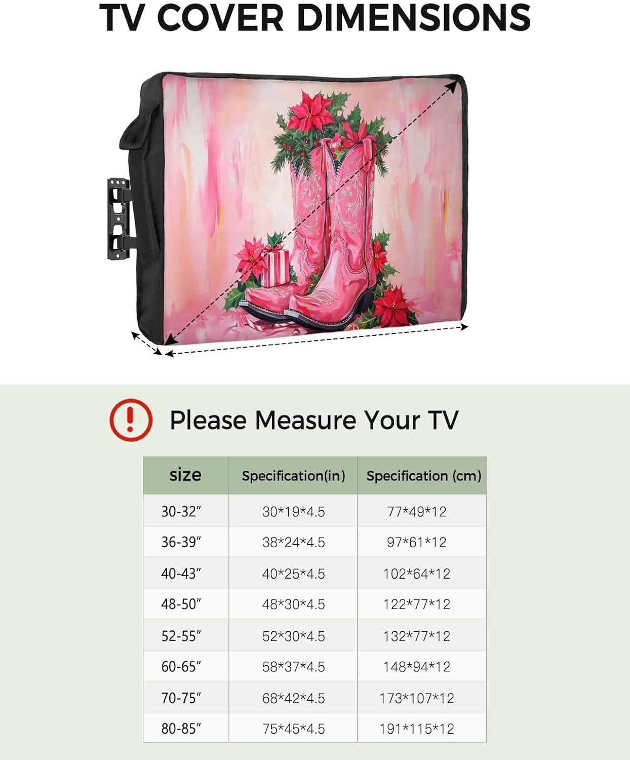 Western Christmas Outdoor TV Cover 36"-39" - 600D Waterproof TV Cover Weatherproof TV Screen Protector Dustproof Watercolor Poinsettia Cowboy Boots Pink TV Display Protector for Outside Flat Screen TV