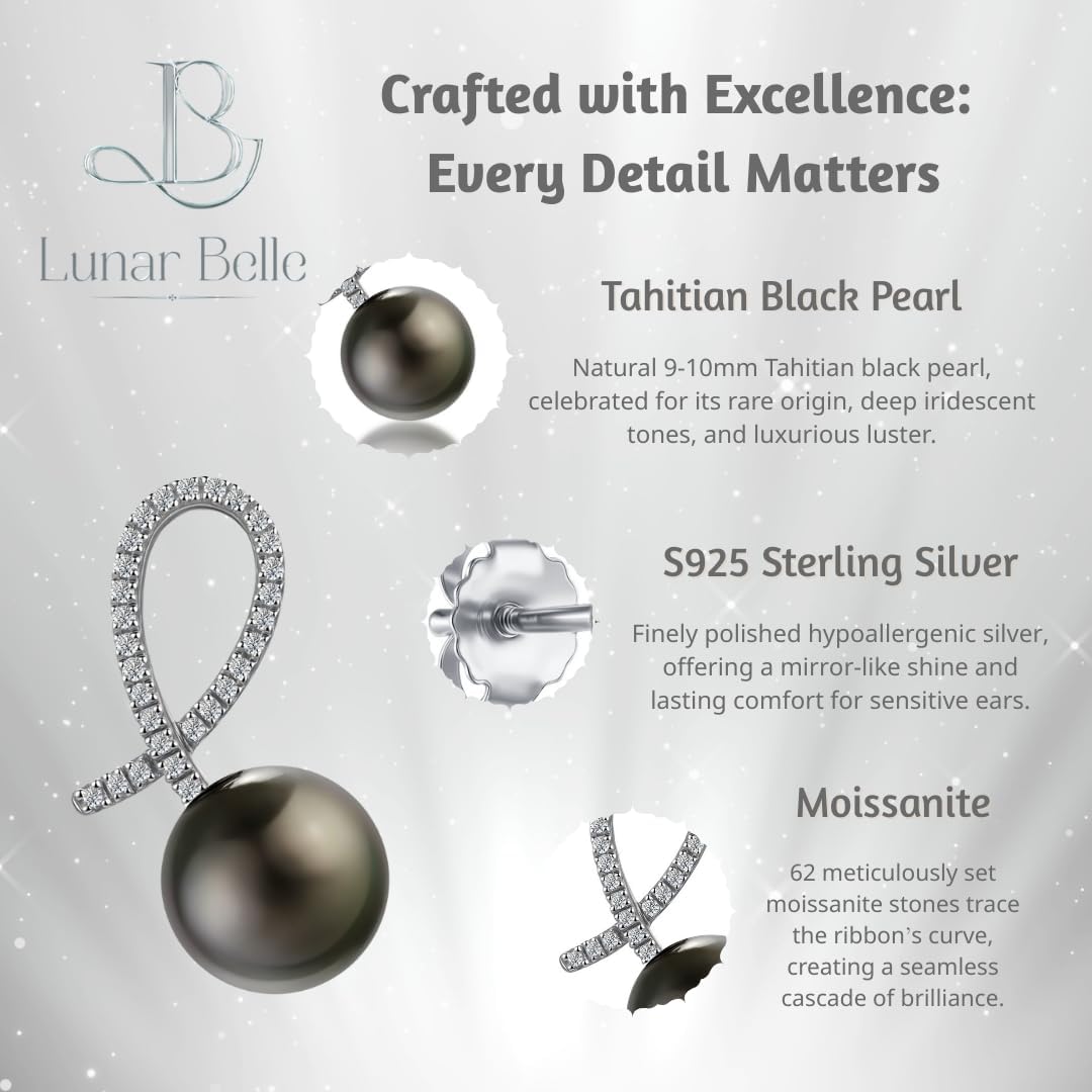 Lunar Belle 10mm Tahitian Black Pearl Ribbon Stud Earrings with Moissanite in 925 Sterling Silver, Luxury Jewelry Gifts for Women (Wave Ribbon) - Image 4