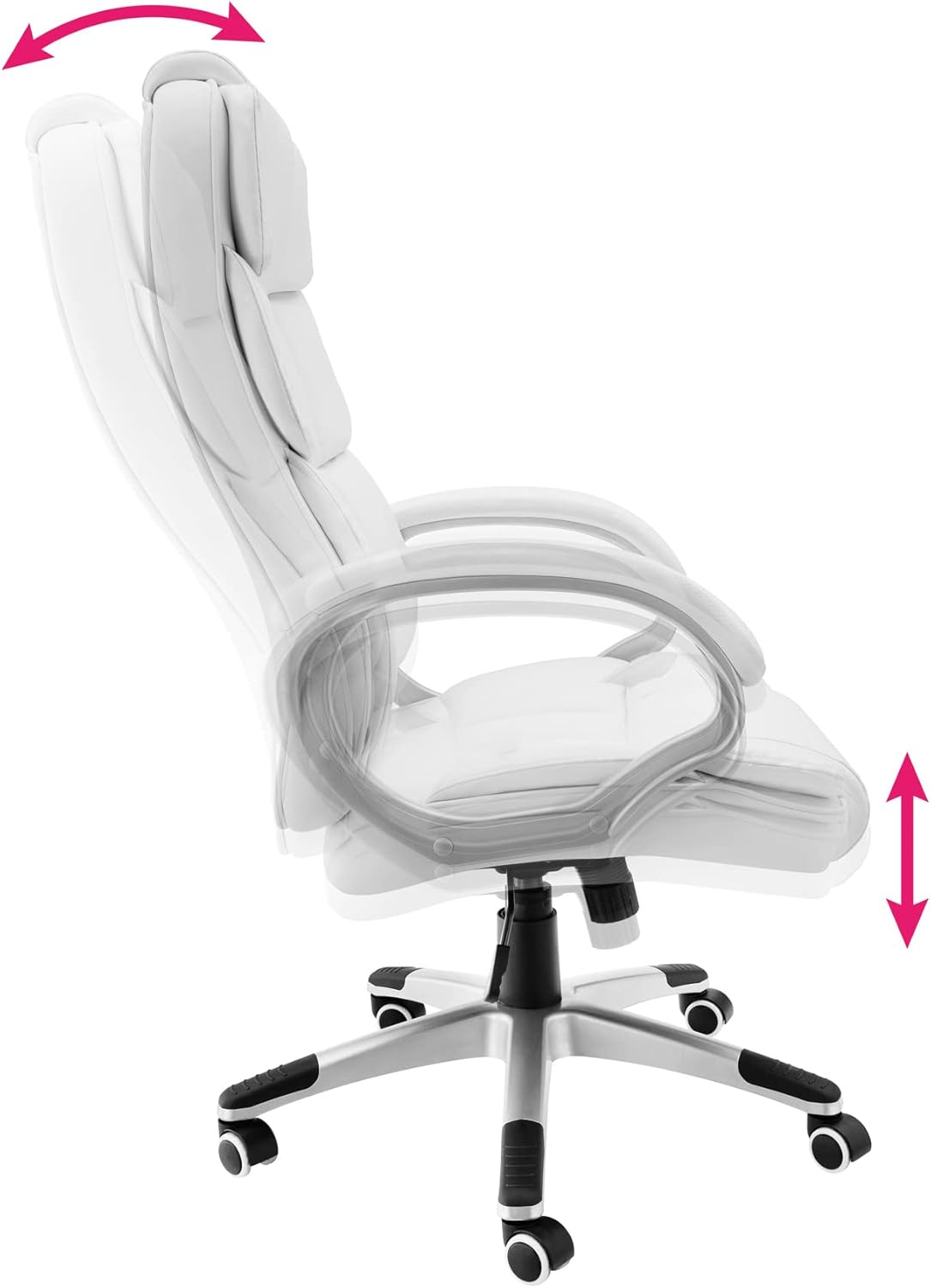 White office chair showing tilt and height adjustment arrows