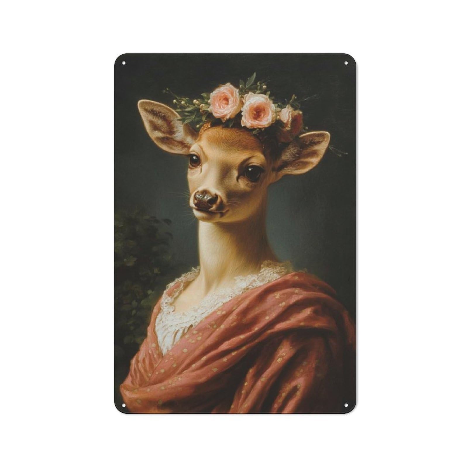 Junmoney Fawn Portrait With Flowers Vintage Metal Sign 30X20cm, Bistro Style Bistro Wall Plaque For Cafe, Bistro, Bakery Or Restaurant