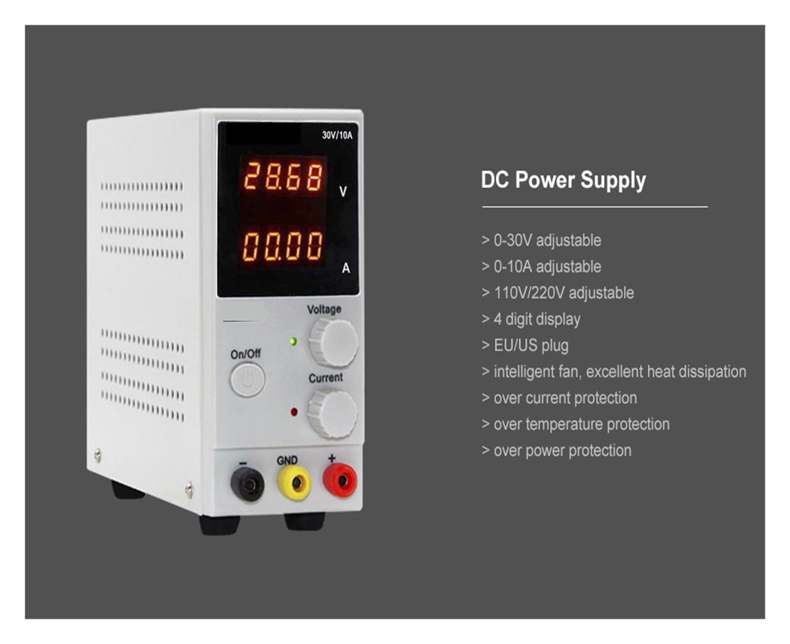 Alimentatore Regolabile, Alimentatore CC, display a 4 cifre Commutazione regolabile ad alta precisione 30V 10A, regolatore Alimentatore da laboratorio /
