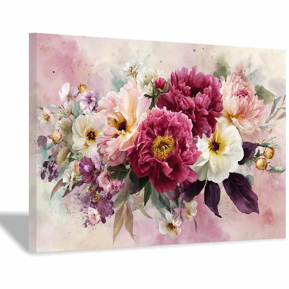 Xeniou Multicolor Flowers Canvas Mixed Peony Floral Bouquet Canvas Wall Art, For Living Room Bedroom Restaurant Home Office Wall Decoration(Multicolor)-20X30cm Framed