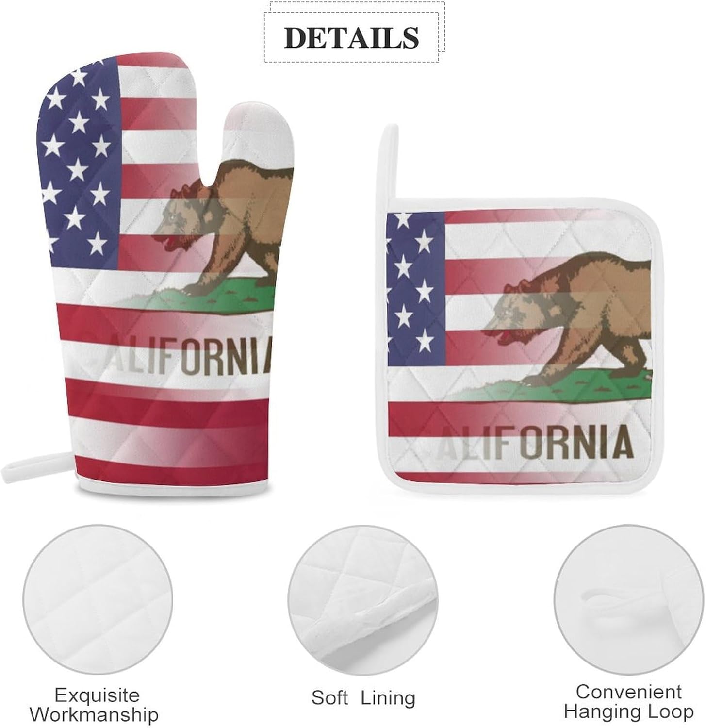 U.S.A California State Flag Oven Mitts and Pot Holders 4Pcs Set Heat Resistant Cooking Mitts Hot Pads