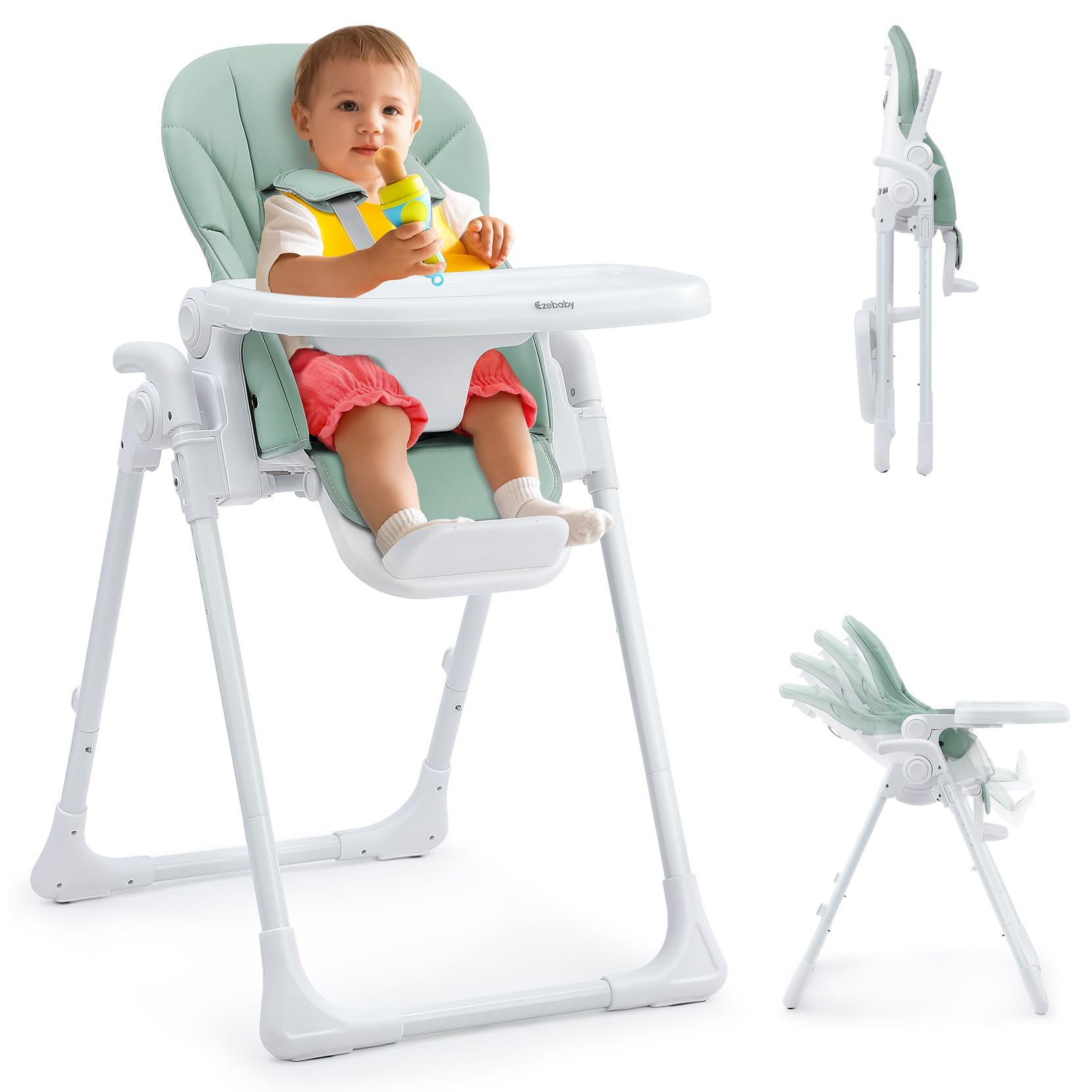 Ezebaby Seggiolone Bambini Ergonomico, Confortevole, Reclinabile, Pieghevole, con Altezza Regolabile e Poggiapiedi, Vassoio Staccabile con Ruote e Cintura di Sicurezza a 5 Punti Verde | 7 altezze, schienale reclinabile, doppio vassoio, cintura a 5 punti,