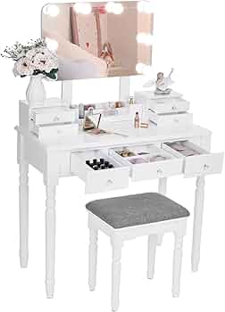 ANWBROAD Vanity Set with Lighted Mirror Makeup Vanity Desk Table Set Large 8 LED Bulbs Frameless Mirror 3 Colors Modes Dimming Cushioned Stool 7 Drawers 3 Dividers White UBDT03W