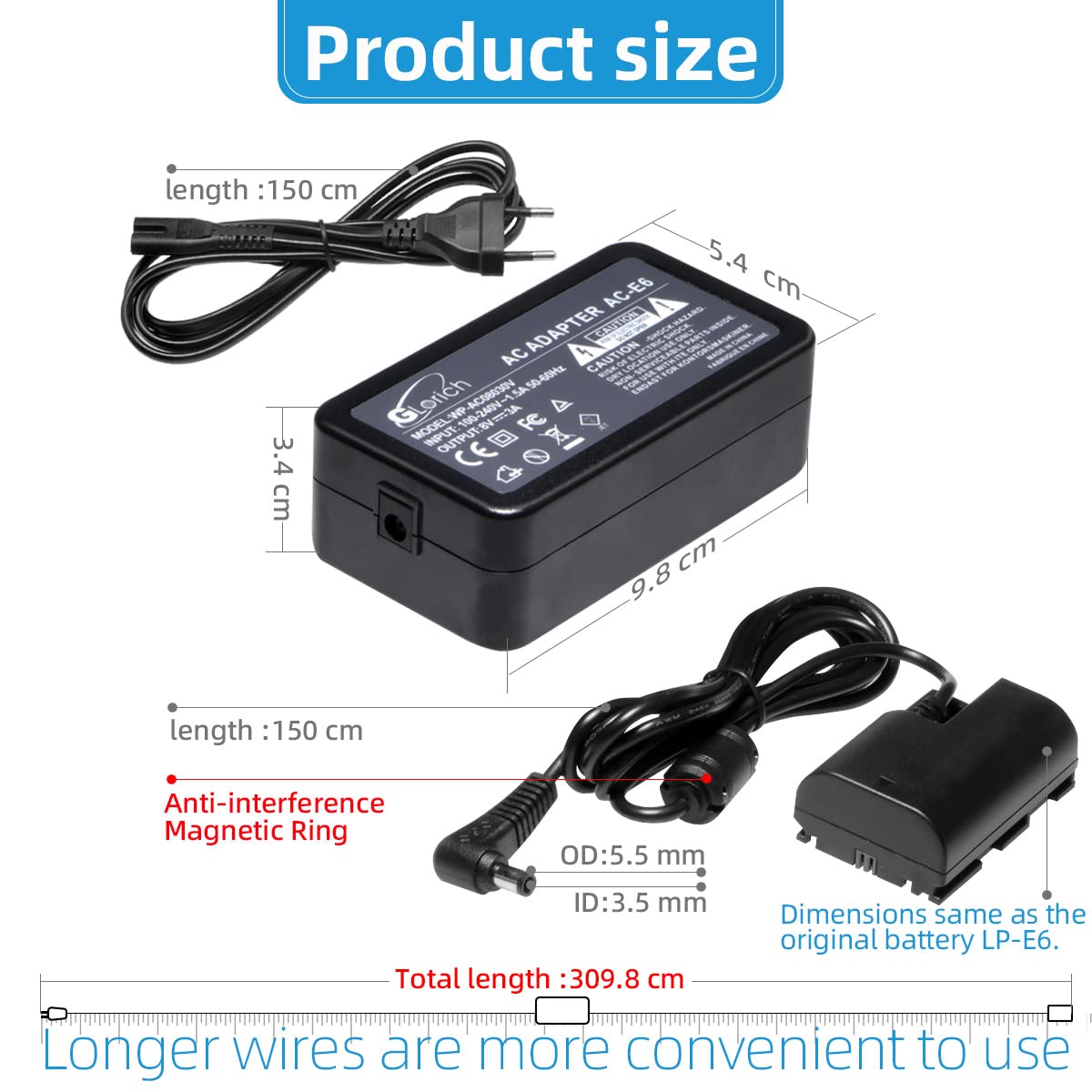 Glorich ACK-E6 pour AC Adaptateur pour Appareil Photo numérique Canon EOS 5DS, 5DS R, 5D Mark II, 5D Mark Ⅲ, 5D Mark IV, 60D, 6D, 6D Mark II, 70D, 7D, 7D Mark II, 80D, 90D, EOS R, R5, R6 Full-décodé