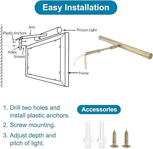 Miniatura 8 de Luces LED para cuadros enchufables, luz de arte ajustable de 14 pulgadas, 4 W, luz de pared de galería para trabajos de exhibición, acabado de latón