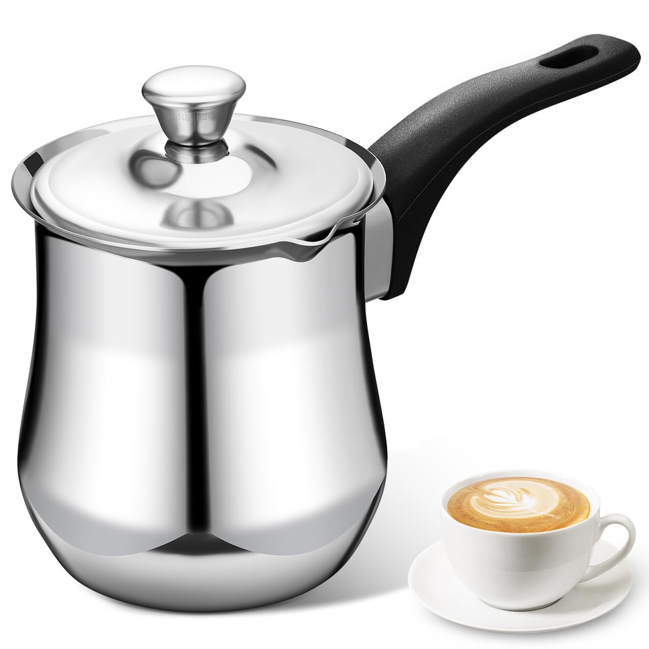 ULTECHNOVO türkische kaffeekanne mit deckel 360ml, türkischer kaffeekocher aus edelstahl, Cezve Mokka kaffeekännchen edelstahl mit ergonomischem Griff, milchtopf mit ausgießer für Herd, Silber