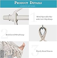 Vista 3 de Silla hamaca de cuerda de algodón tejida a mano con barra separadora de metal, silla colgante bohemia para dormitorio, silla columpio