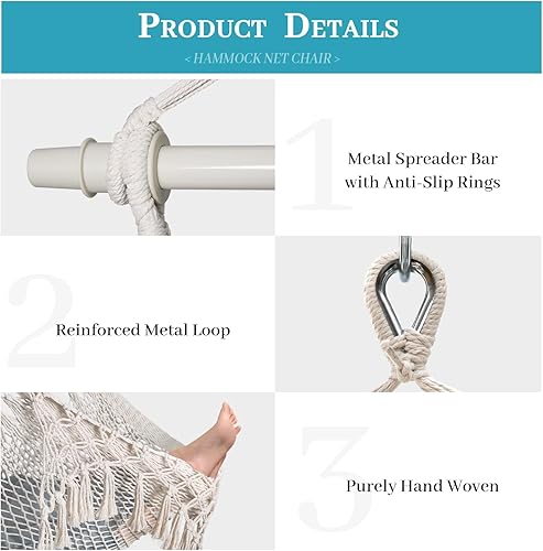 Miniatura 3 de Silla hamaca de cuerda de algodón tejida a mano con barra separadora de metal, silla colgante bohemia para dormitorio, silla columpio para