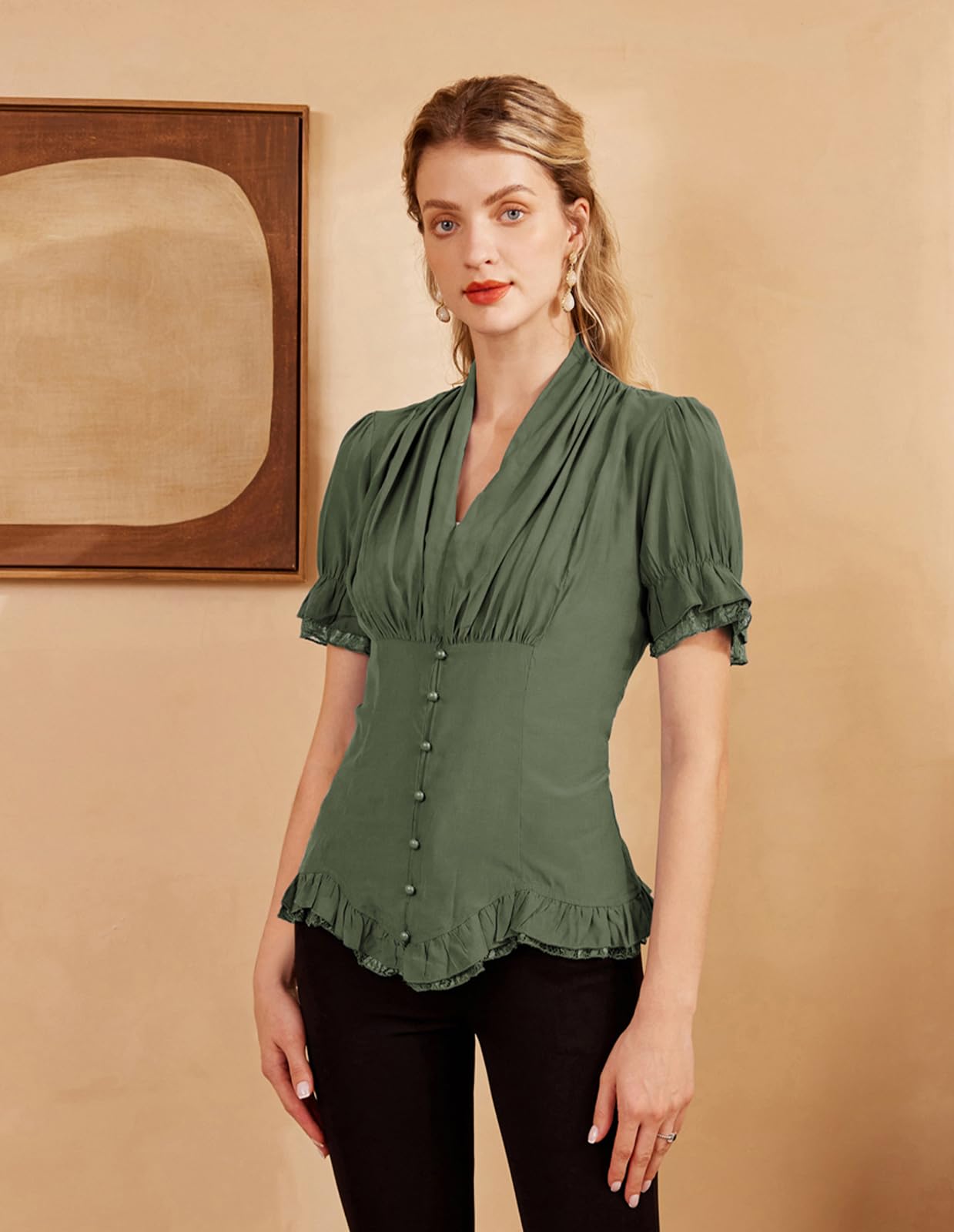 SCARLET DARKNESS Donna Camicia Vittoriana Gotico Camicetta in Pizzo Scollo a V Renaissance Tops | Maniche corte con volant, scollo a V, allacciatura sulla schiena