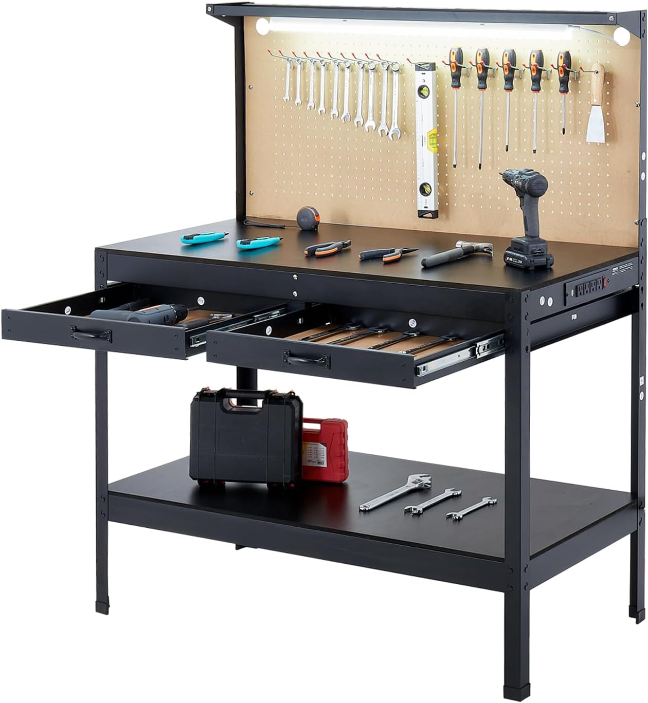 VEVOR Hardwood Workbench, 242.5 lbs Weight Capacity, 47.2-inch Heavy Duty Workbench with Pegboard, 4 AC Outlets & 2 USB Ports, 1.5m Cable & 30 Hooks, Garage Work Bench with Drawer for Workshop
