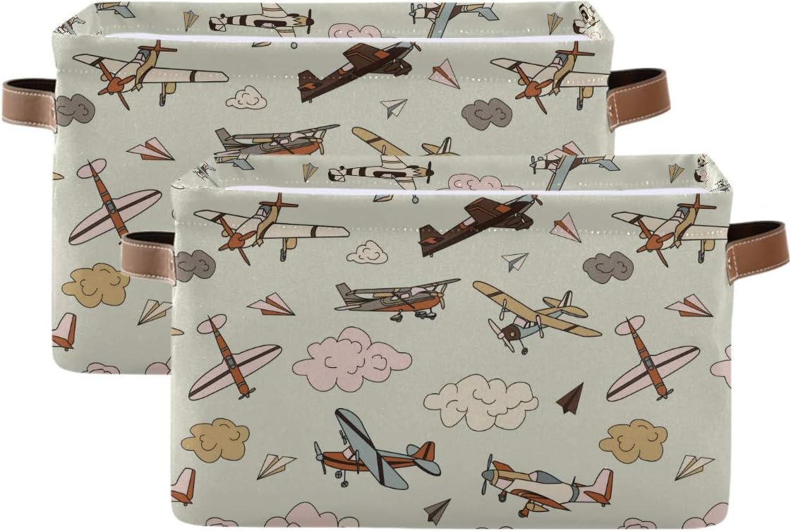 AUUXVA Storage Basket Vintage Retro Aircraft Airplane Shelf Basket Indoor Canvas Storage Bin Toys Organizer Box with Handles for Kids Room Kitchen Office Desk 2 Pcs