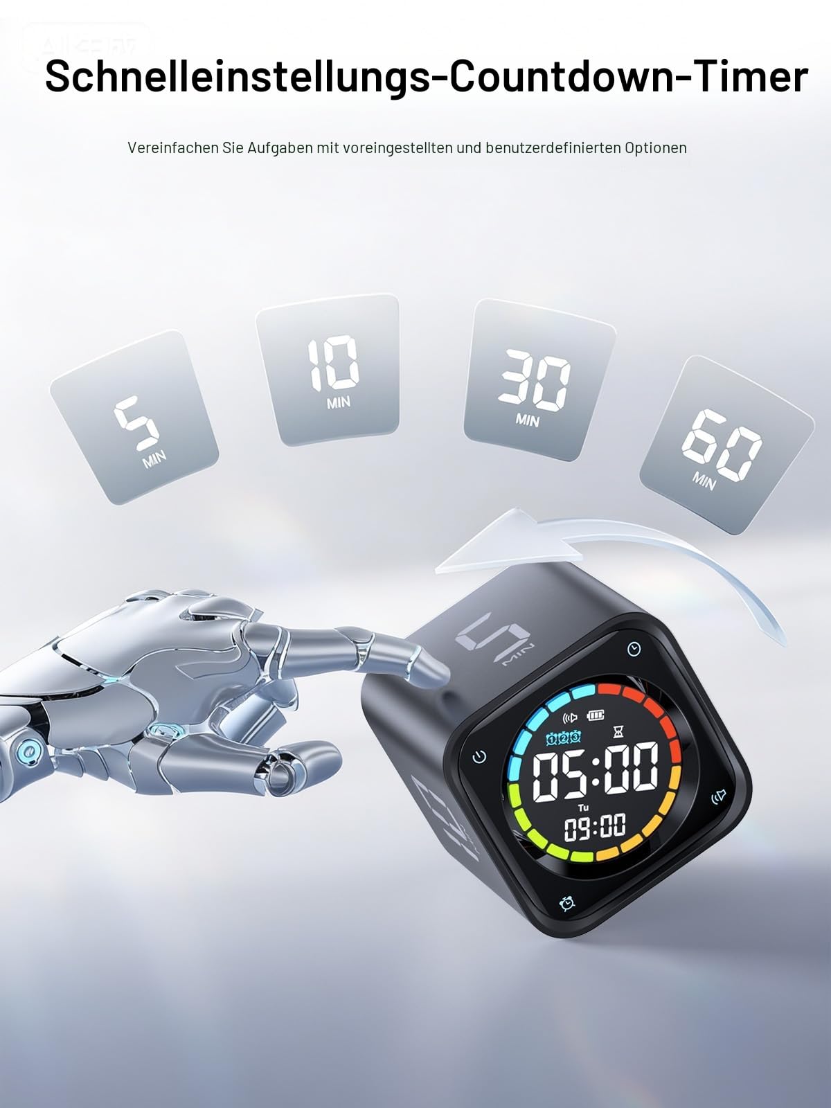Ticktime TK3 Pomodoro Timer, Würfel-Timer mit 5/10/30/60 Min, 25/5 Pomodoro, Custom Countdown & Stoppuhr, Uhr, 3 Alarme, Lautlos/Vibration/Ton, für ADHS, Lernen, Küche, Arbeit, Schwarz