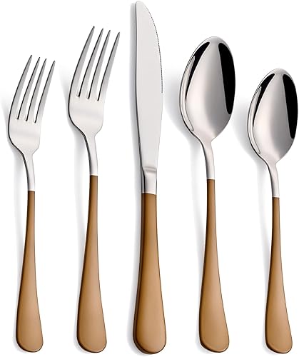 Miniatura 17 de Juego de 20 cubiertos de acero inoxidable blanco y dorado, juego de cubiertos con mango colorido de acero inoxidable 18/0, servicio para 4 personas,