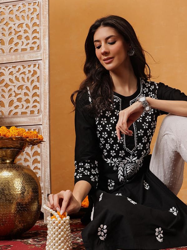 Image of Ada Hand Embroidered Lucknow Chikankari Straight Cotton Kurta Kurti Tunic for Women A411475 White