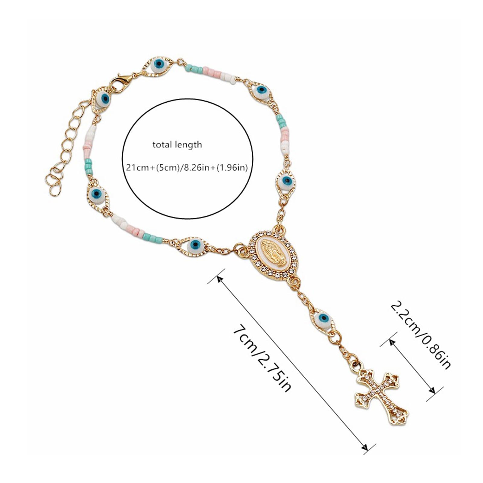 KNITUKL Car Rosary for Rearview Mirror, Evil Eye Pendant Car Interior Rear View Mirror Charm Auto Decors, Car Medal and Cross Personalized Hanging Accessories for Women Men (Golden-A)