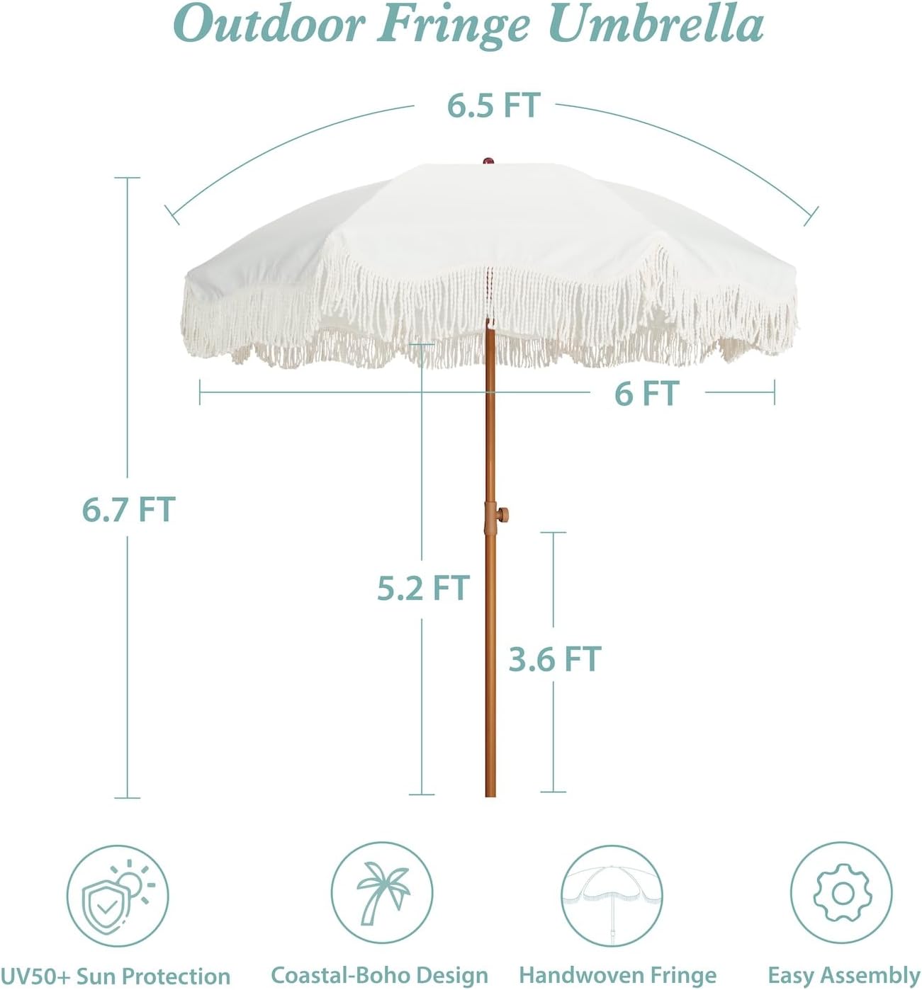 AMMSUN Boho Fringe Umbrella Outdoor Patio, 6.5ft UPF50+ Picnic Umbrella with Tassels with Steel Pole and Push Button Tilt, Antique White