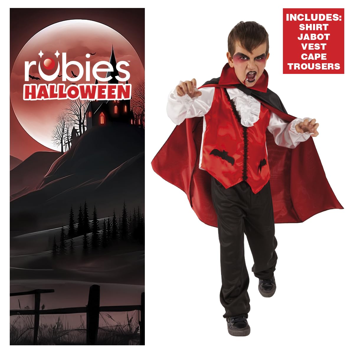 Rubies Costume del Conte Dracula per bambino, Abito con camicia bianca, gilet, mantello e pantaloni, Rubies ufficiale per Halloween, carnevale e compleanno