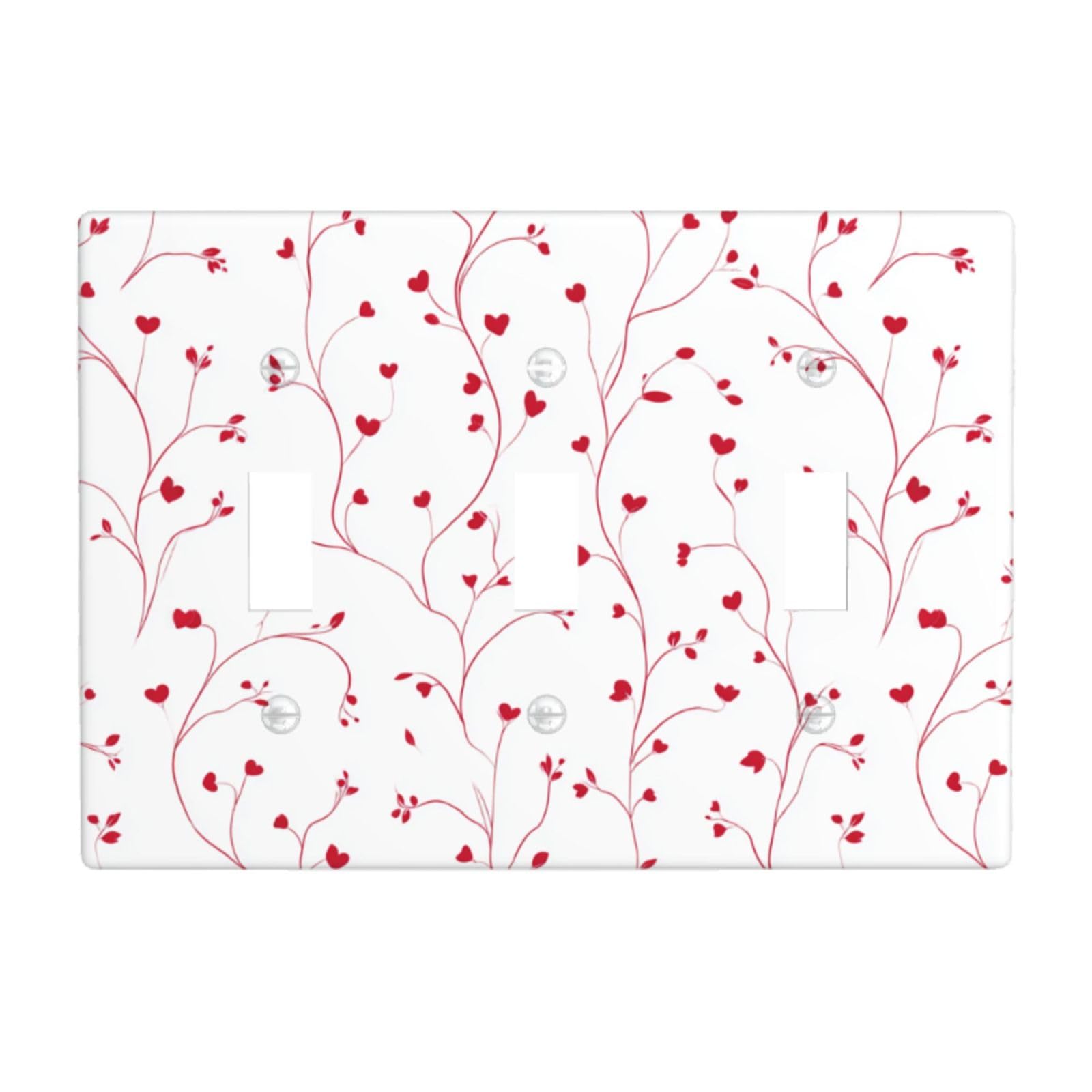 Woshuwo White Elegant Red Vines With Heart-Shaped Leaves Light Switch Covers 3 Gang Triple Toggle Wall Plate Switchplate Electrical Faceplate For Bathroom Kitchen Bedroom Decor