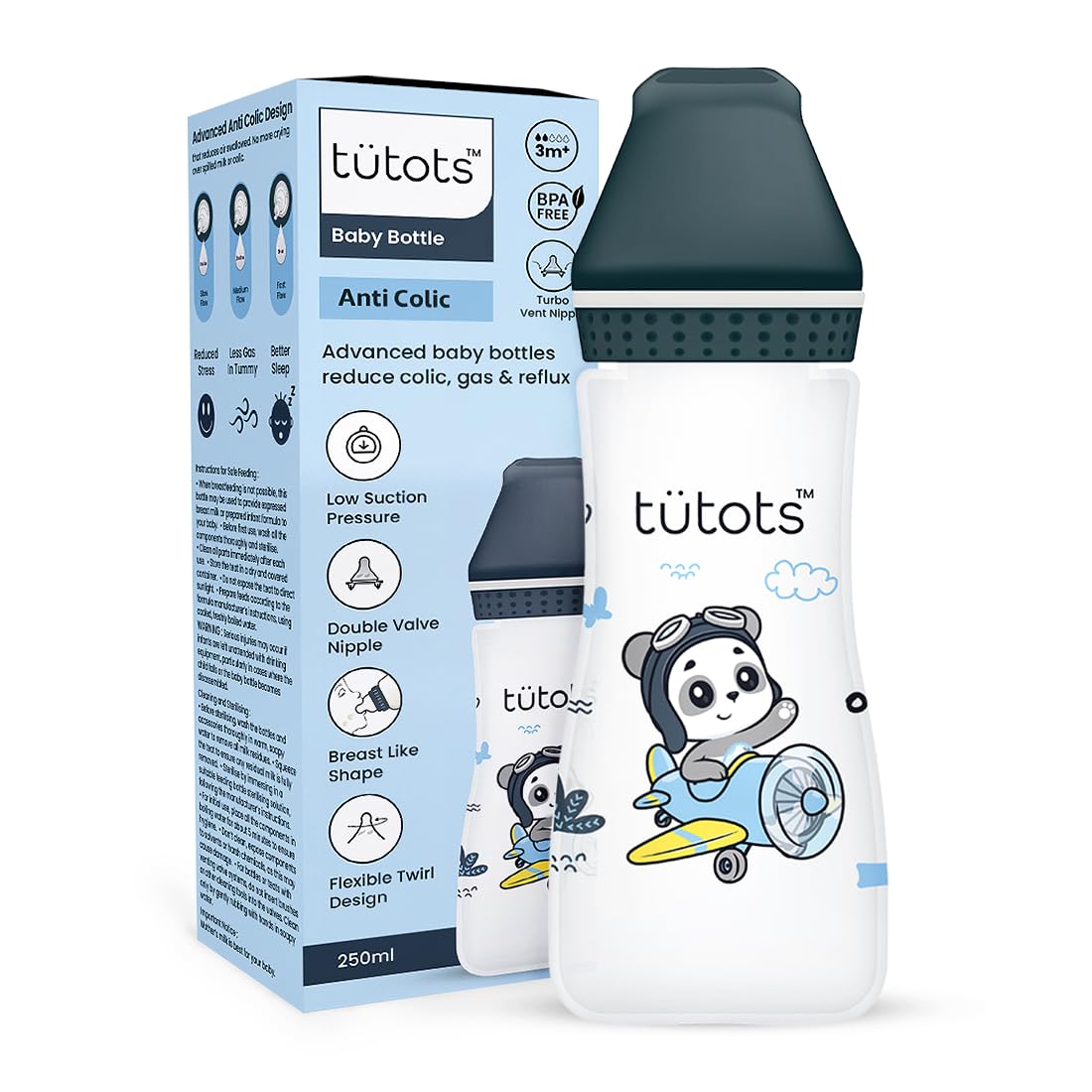 Baby Bottle | AntiColic Neck| BPA Free | Baby Feeding Bottle with Turbo Vent Nipple – 250 ml (Charcoal)
