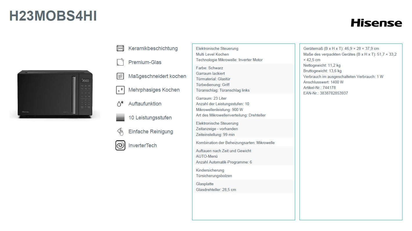 Hisense H23MOBS4HI Mikrowelle 23L 900W InverterTech Keramikbeschichtung Schwarz