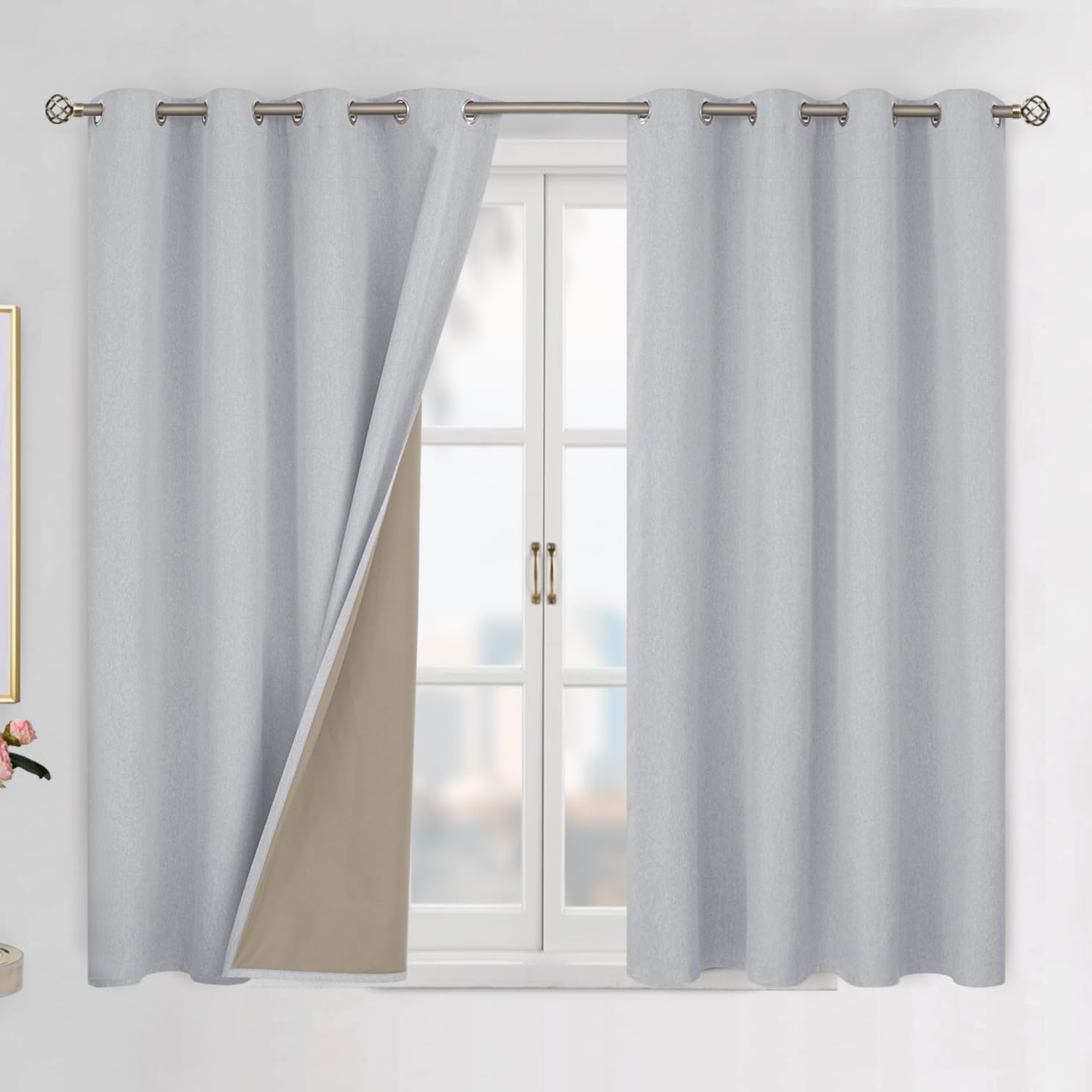 BGment Grey Blackout Curtains 45 Inch Length for Bedroom 2 Panels Set, Linen Textured Thermal Insulation Soundproof Window Curtain Drapes with Grommet, 52 Inch Wide Each Panel