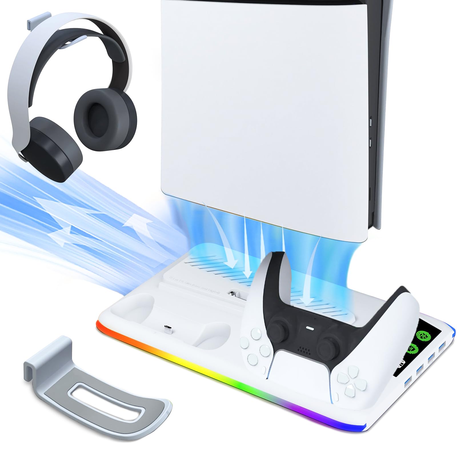 Supporto Verticale per PS5/PS5 Slim, Supporto Raffreddamento per PlayStation 5 con 3 Livelli di Ventola, Stazione Ricarica per Controller Doppi / Supporto per Cuffie / Luce RGB per PS5/Digital Edition