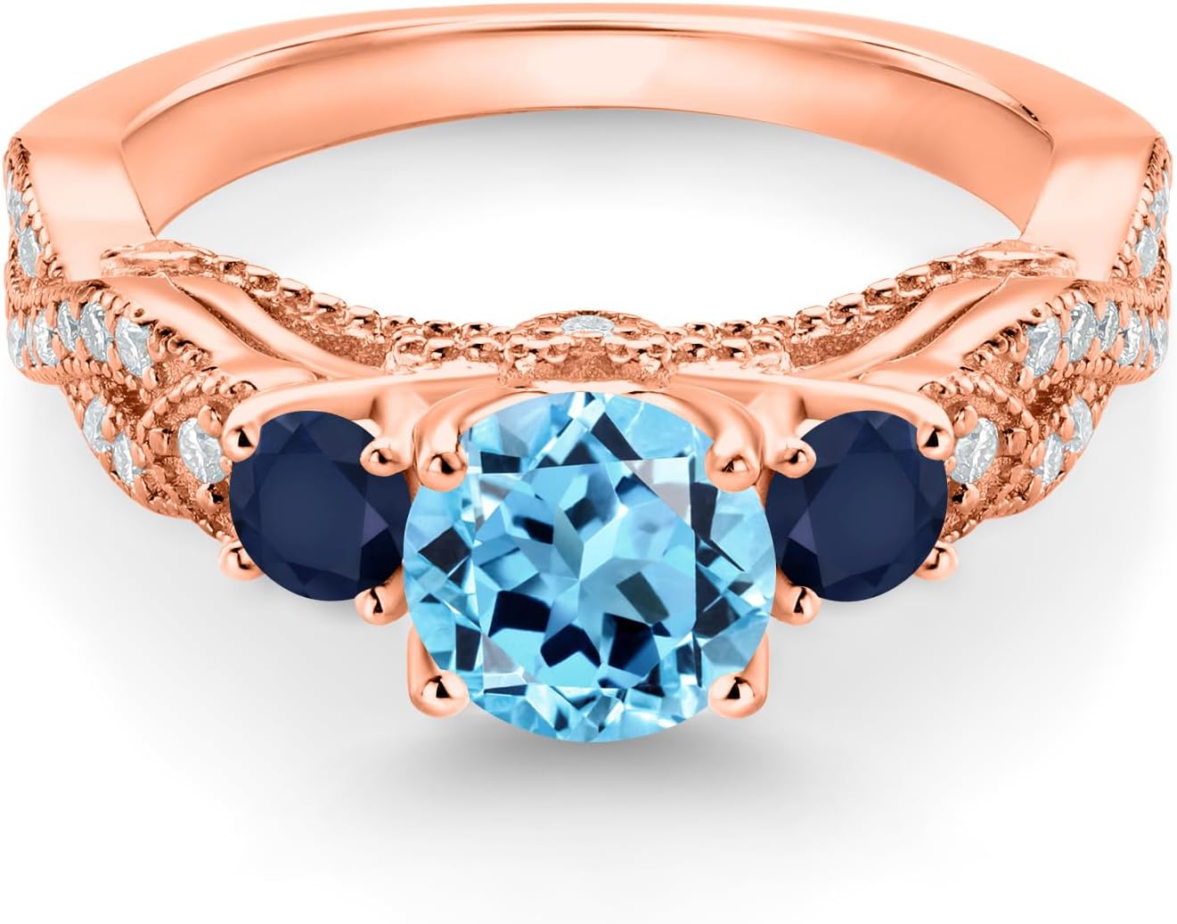 Gem Stone King 18K Rose Gold Plated Silver Swiss Blue Topaz Blue Sapphire and White Moissanite Engagement Ring For Women (1.57 Cttw, Gemstone November Birthstone, Round 6MM and 3MM)