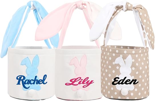 Embroidered Custom Easter Baskets with Childs Name, Personalized Easter Eggs Hunt Basket Party Bags Gift for Baby Boy Girl, Flower Girl Gift