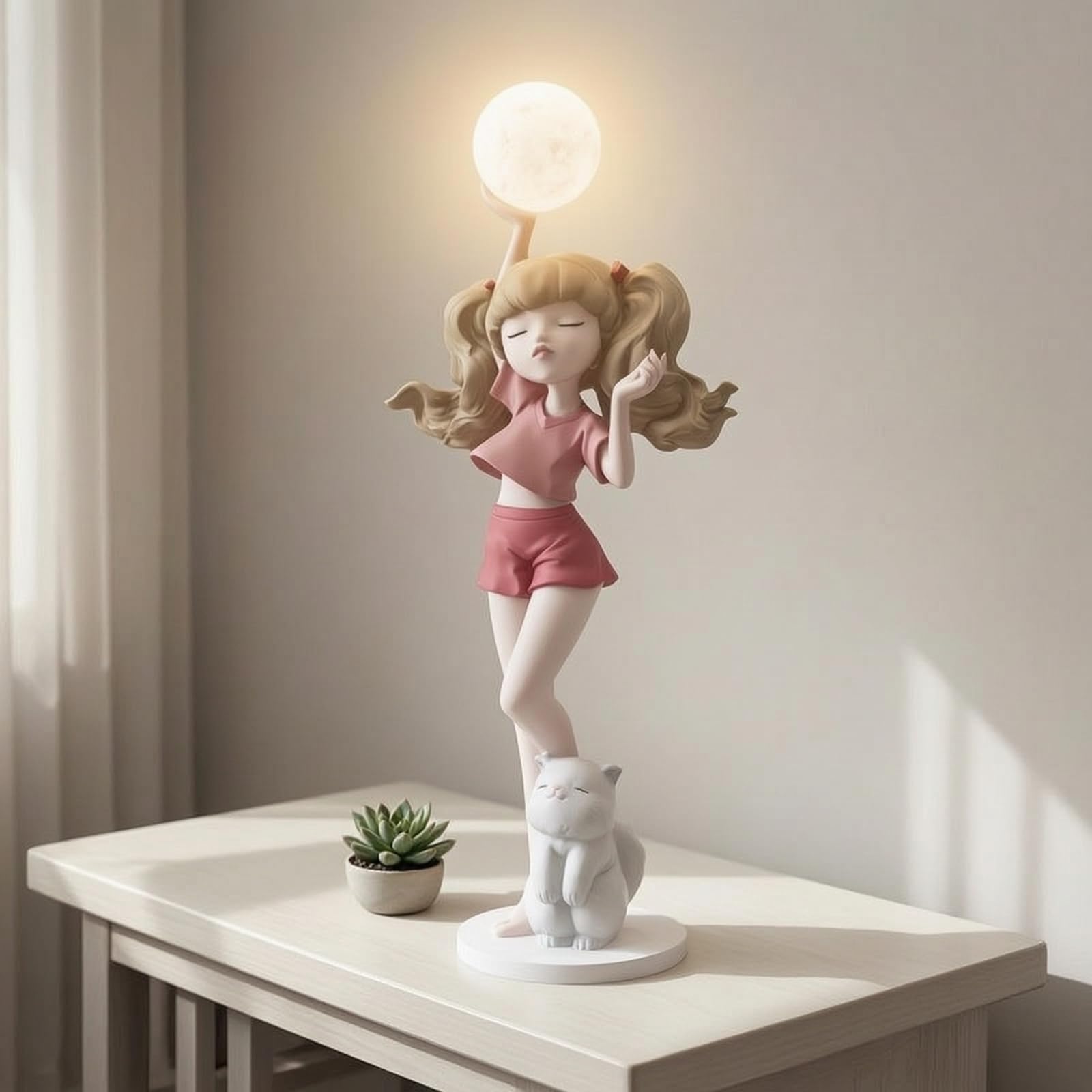 TISHITA Lámpara Figura de Chica Escultura Estatua Luz de Mesa con Toque Artístico y Brillo Ambiental Suave Material Resistente de Fibra de Vidrio con Gato en, Azul, 62cm 27cm