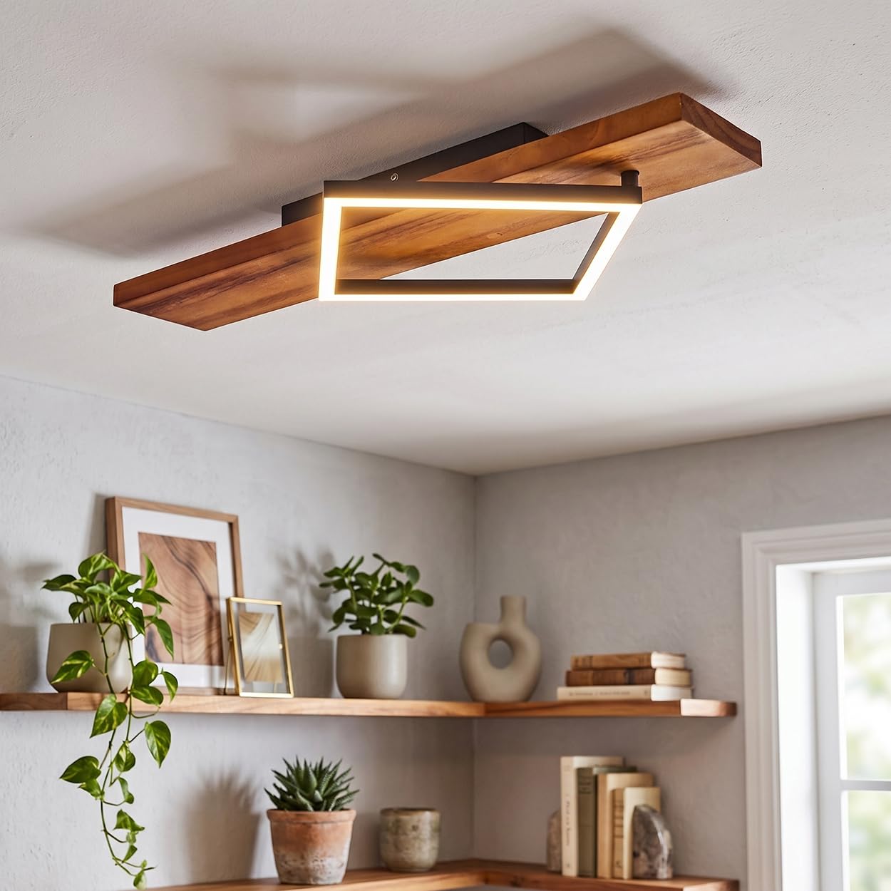 HOFSTEIN LED Ceiling Light Pompu, Made of Metal/Wood/Plastic in Black/Natural/White, 13 watts, 1750 lumens, 3000 kelvins, Modern Light for Bedroom, Dining Room, Living Room, Kitchen, Hallway