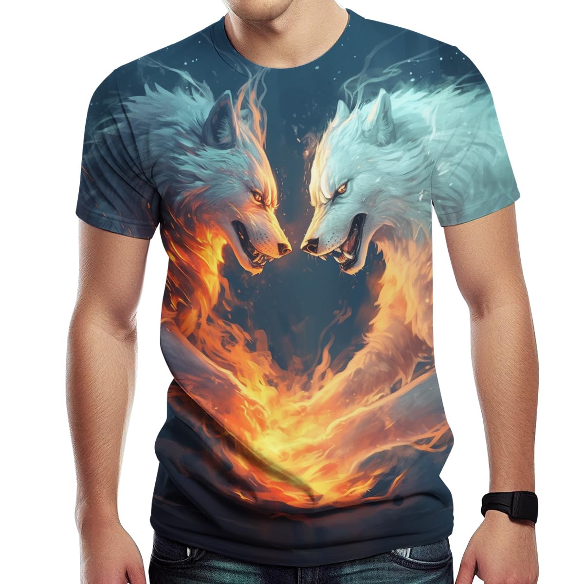 Girren Men's Fire Wolf Pattern T-Shirts 3D Printed T-Shirt Novelty Graphic T-Shirt Fashion Top