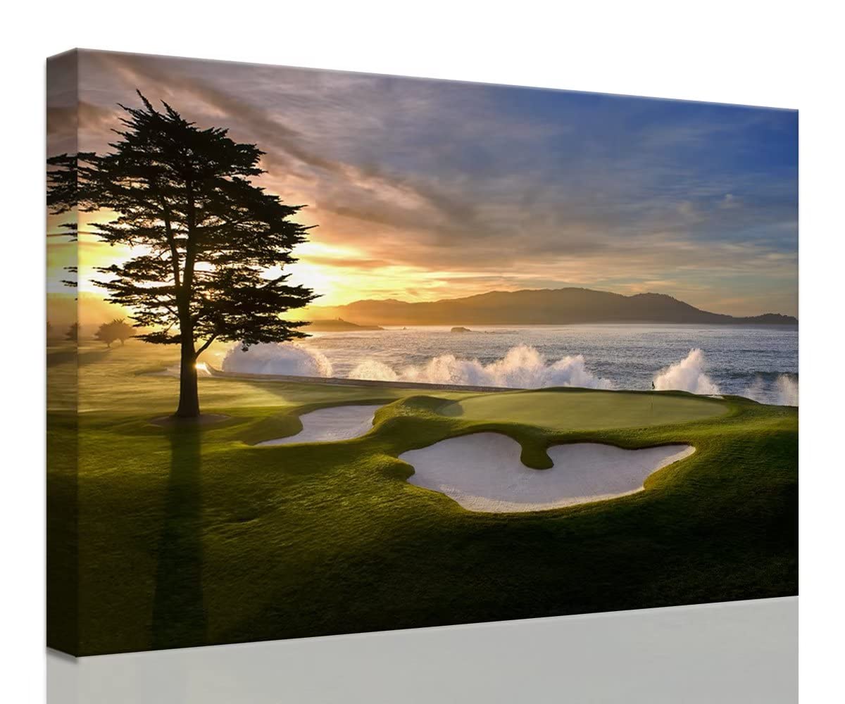 chenchenArtPebble Beach Canvas Wall Art Picture Pebble Beach Golf Course Wall Decor for Living Room Bedroom Bathroom Home Decorations Golf Course Poster Picture Framed Artwork Ready to Hang(28''H x 44''W)