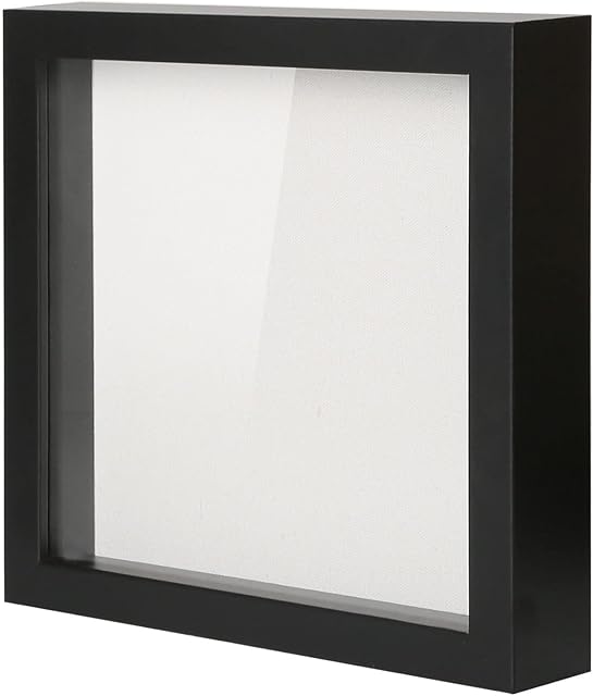 Muzilife 8x8 Shadow Box Picture Frame with Linen Board - Deep Wood & Glass Display Case Ready to Hang Memory Box Baby Sports Memorabilia, Pins, Awards, Medals, Wedding, Tickets and Photos (Black)