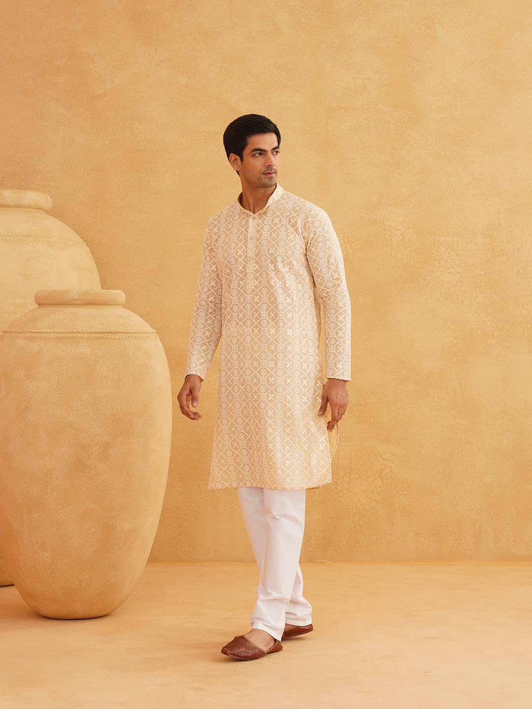 Sojanya (Since 1958 Men's Cotton Gold Sequence Embroidered Beige Kurta With White Churidaar Pyjama