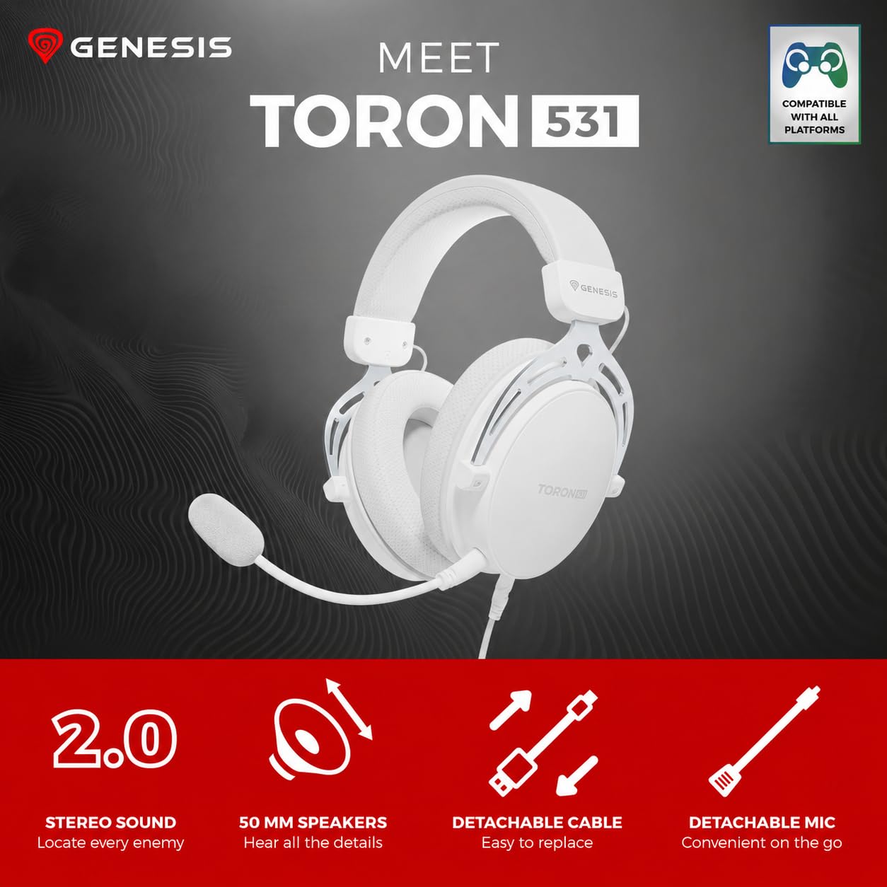 Genesis Toron 531 - Cuffie da gaming con microfono, con cavo, cuffie stereo da gaming con driver da 50 mm, microfono rimovibile, muto, jack da 3,5 mm, per PC, PS5, Xbox