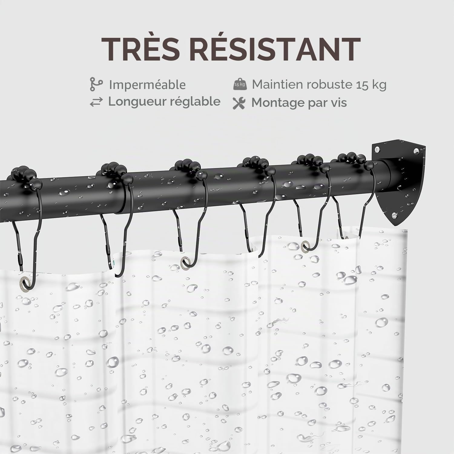Tringle à rideau de douche en forme de U, barre de douche d'angle avec 12 anneaux de rideau et support de plafond pour baignoire/salle de bain, montage par perçage requis [Deux côtés : 60 cm - 132 cm