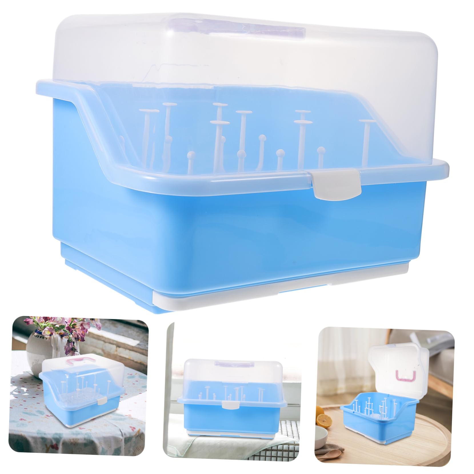 Boîte de Séchage pour Biberons en PP Couvercle Bleu | Plateau D’égouttage Intégré, Rangement Multi-usage pour Pailles et Vaisselle Couleur Aléatoire