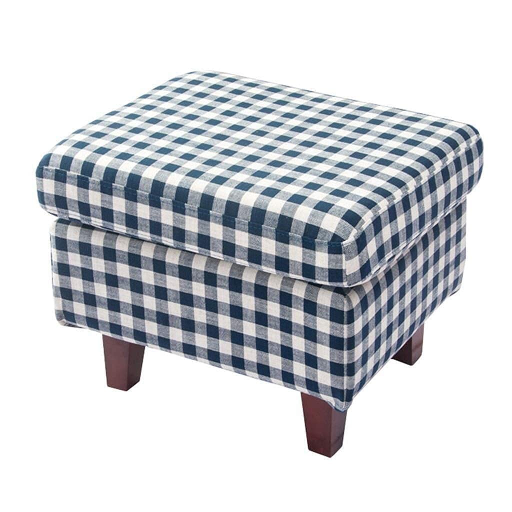 Taburete de sofá de madera maciza con acolchado azul de alta densidad y acabado artesanal