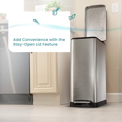 Miniatura 5 de Home Zone Living Bote de basura de cocina de 12 galones diseño de acero inoxidable de cuerpo delgado capacidad de 45 litros plateado