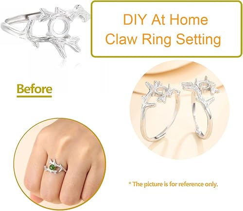 Miniatura 3 de Anillo ajustable de plata de ley 925 en blanco para 0.197 in de piedra redonda ramita de piedra texturizada anillo de punta base cabujón joyería