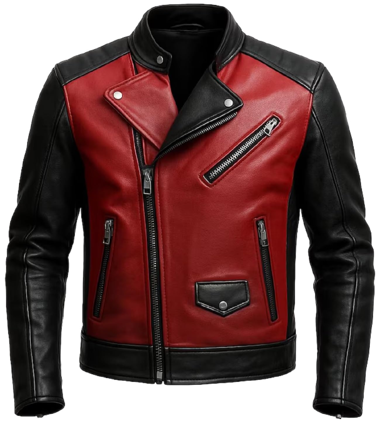 Chaqueta Café Racer de cuero de dos tonos para hombre, color rojo y negro, estilo retro Brando, ajuste delgado, ropa de abrigo casual para motociclista
