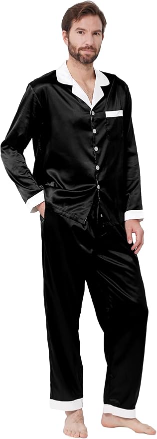 YIMANIE Mens Satin Pajamas Set Classic Short Sleeved and Long Pants ...