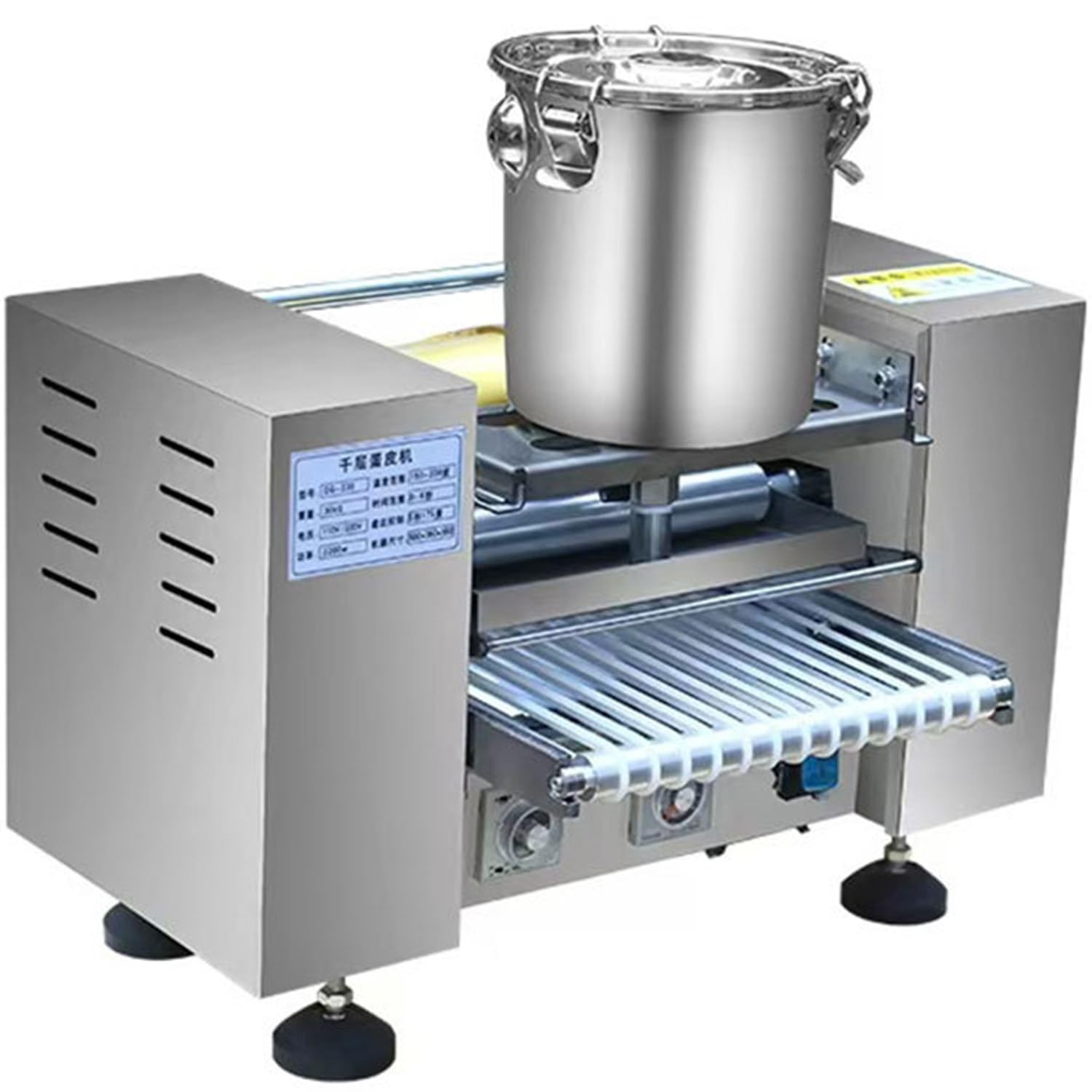 Máquina automática de pasteles para crepes Durian, motor eficiente, panel de control, calentamiento uniforme, produce 200-300 piezas/hora, ideal para restaurantes y cafeterías comerciales