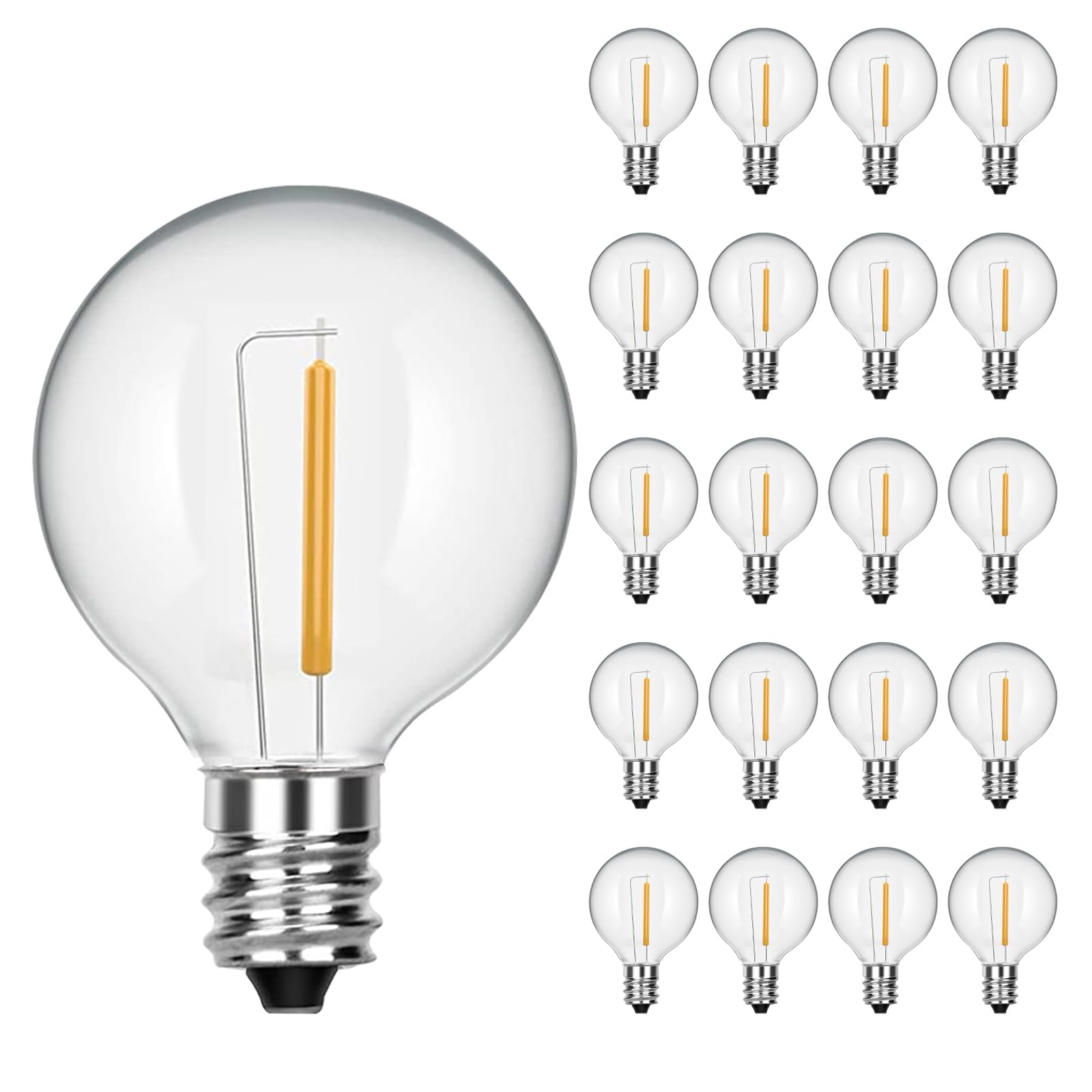 SUNSGNE 25 Pack G40 LED Light Bulbs, E12 Candelabra Base Bulb, 0.6W LED Bulbs Equivalent 7W Edison Bulbs, Shatterproof Globe Replacement Bulb for Outdoor String Lights, 2700K Warm White Dimmable
