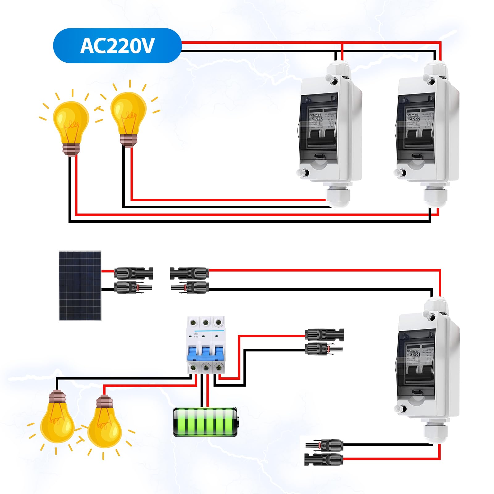 2 StüCk DC Trennschalter PV Anlage, Solar Trennschalter, 2P/500v/32a/Ip65 Wasserdicht Trennschalter Für Solar PV Anlage, 260mm Kabel, DC Trennschalter Mit Leitungsschutzschalter Für PV-Anlagen